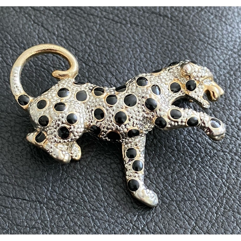 VNTG Statement Leopard Brooch Spotted Gold & Black Tone Animal Lover Wild Cat